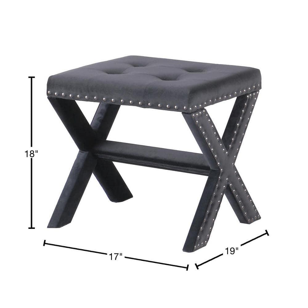 Velvet Fabric Upholstered Square Accent Bench in Gray