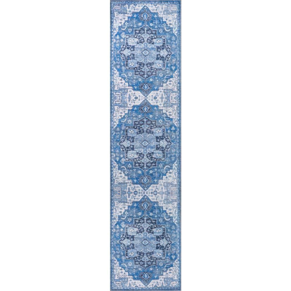 2' x 8' Maris Ornate Medallion Machine Washable Indoor/Outdoor Runner Rug, Blue/Navy - JONATHAN Y