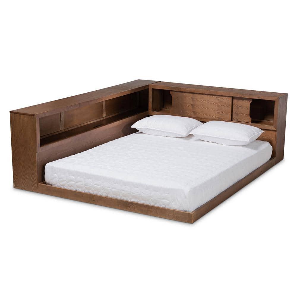 Queen Erie Platform Storage Bed with Built-In Outlet Walnut - Baxton Studio