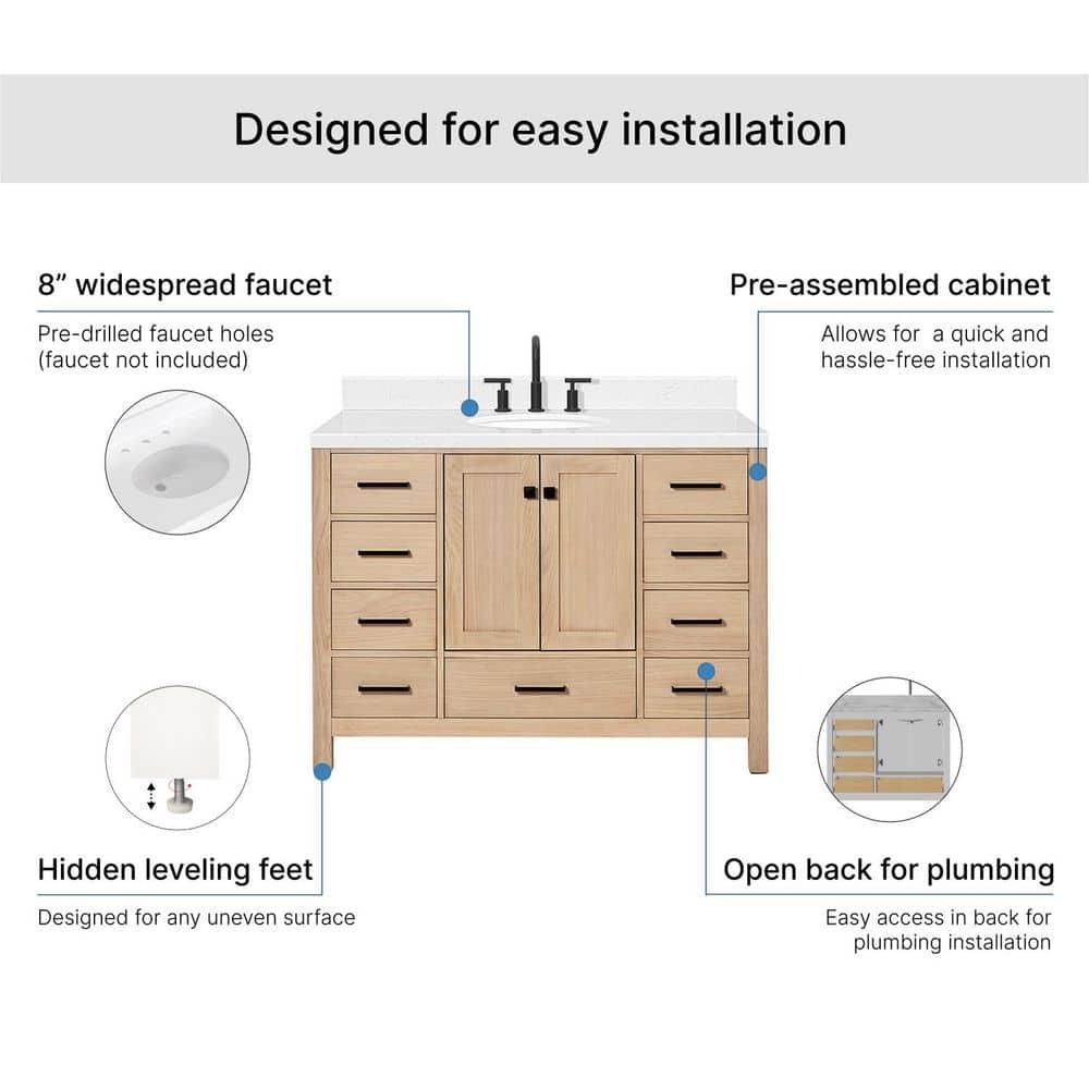 ARIEL Cambridge 48 Inch Single Oval Sink Bathroom Vanity With Carrara White Quartz Countertop 1.5 Inch Edge In Oak