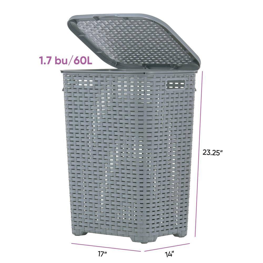 Gray Wicker Upright Hamper with Hinged Lid