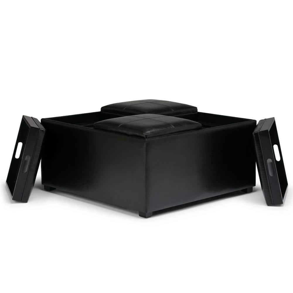Simpli Home Avalon 35"W Upholstered Square Coffee Table Storage Ottoman with Flip-Over Trays