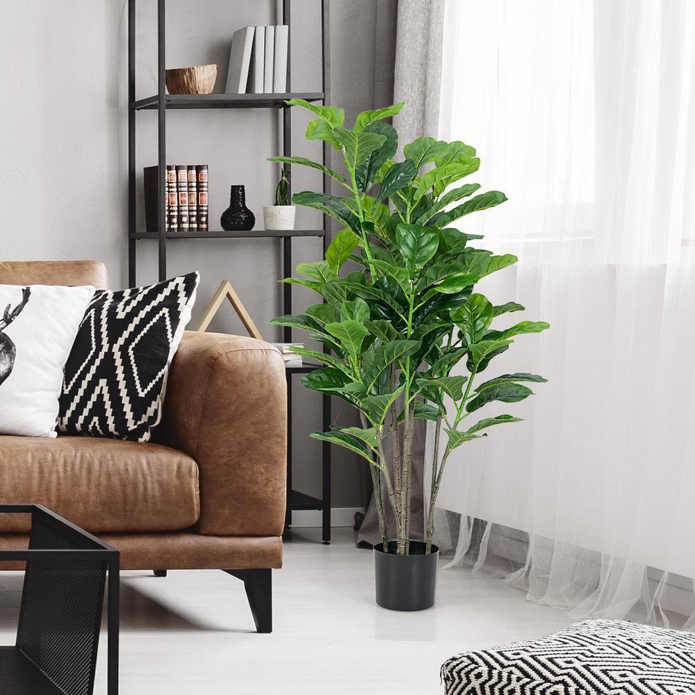 51-Inch Green Artificial Fiddle Leaf Fig Tree in Black Pot, Set of 2