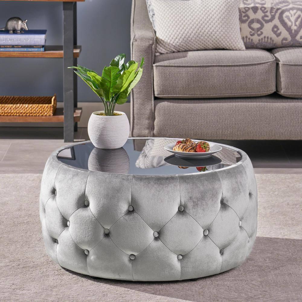 Noble House Merna Glam Velvet and Tempered Glass Ottoman Coffee Table, Smoke