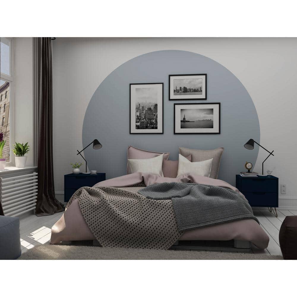 Set of 2 Rockefeller 2 Drawer Nightstands Tatiana Midnight Blue - Manhattan Comfort: Modern Splayed Metal Legs, MDF
