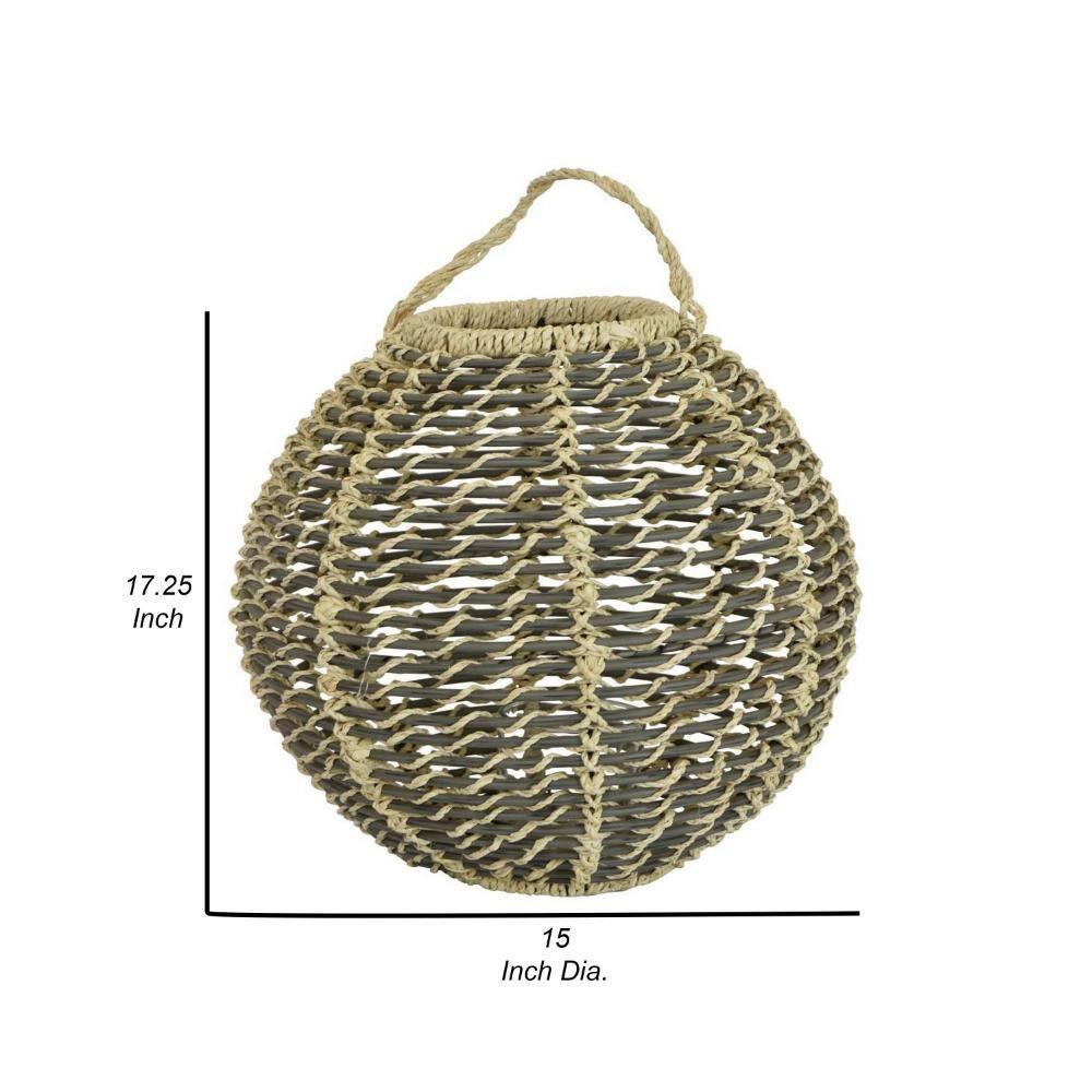 Hani 17 Inch Tabletop Decor Lantern, Beige Woven Fiber, Oval Shape, Gray