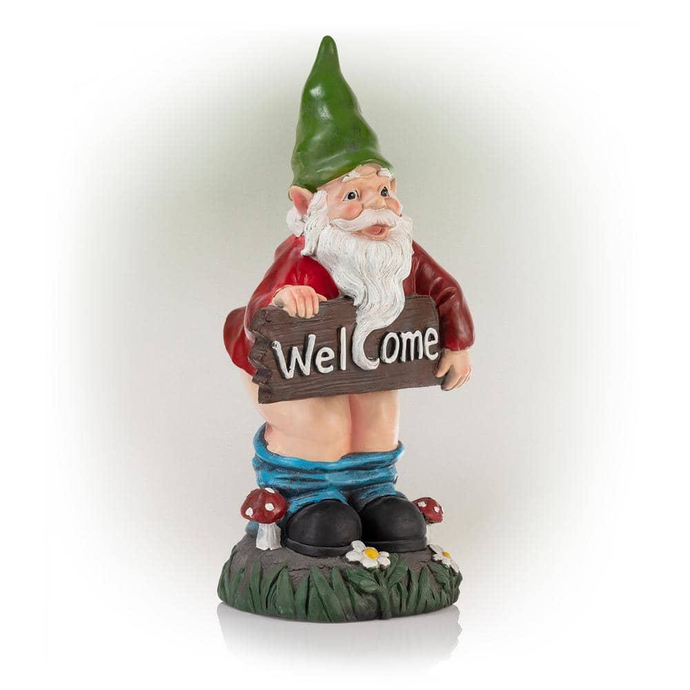 22"H Ceramic Outdoor Sculpture - Alpine Corporation: Garden Gnome with Welcome Sign, Mythical Decor