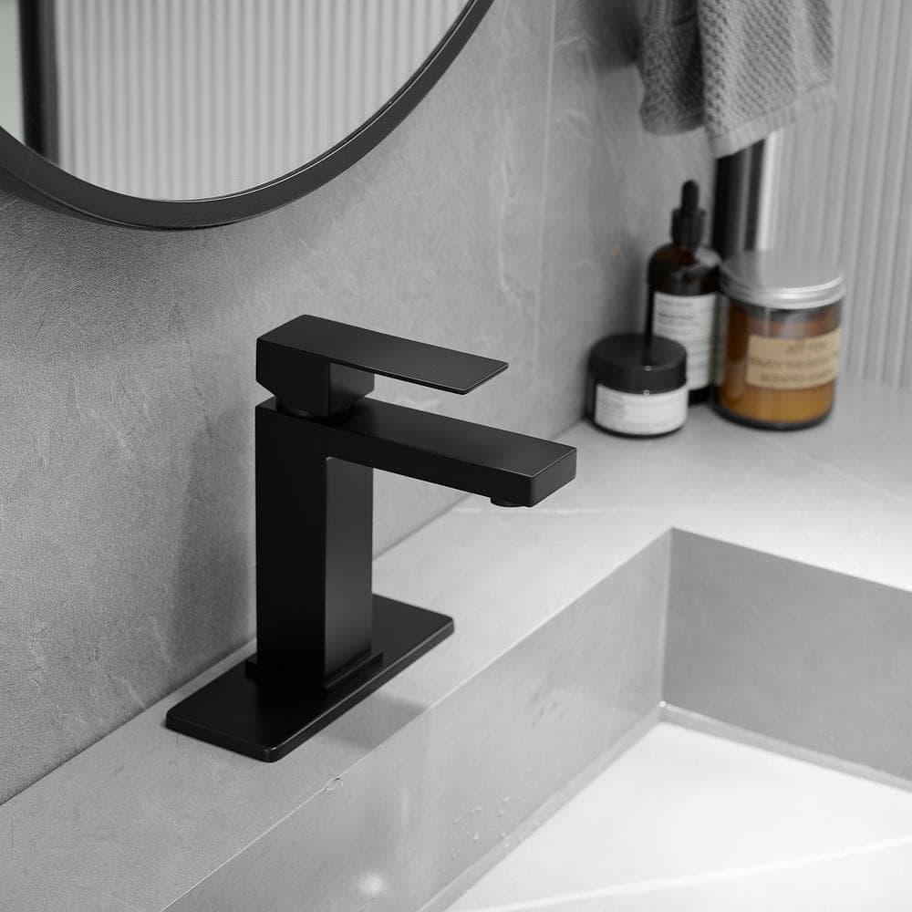 Matte Black Single Hole Bathroom Faucet,Vanity Faucet Modern Commercial RV with Deck Plate for 1 or 3 Hole, Single Handle Stainless Steel Bathroom Sink Faucet with Pop-up Drain