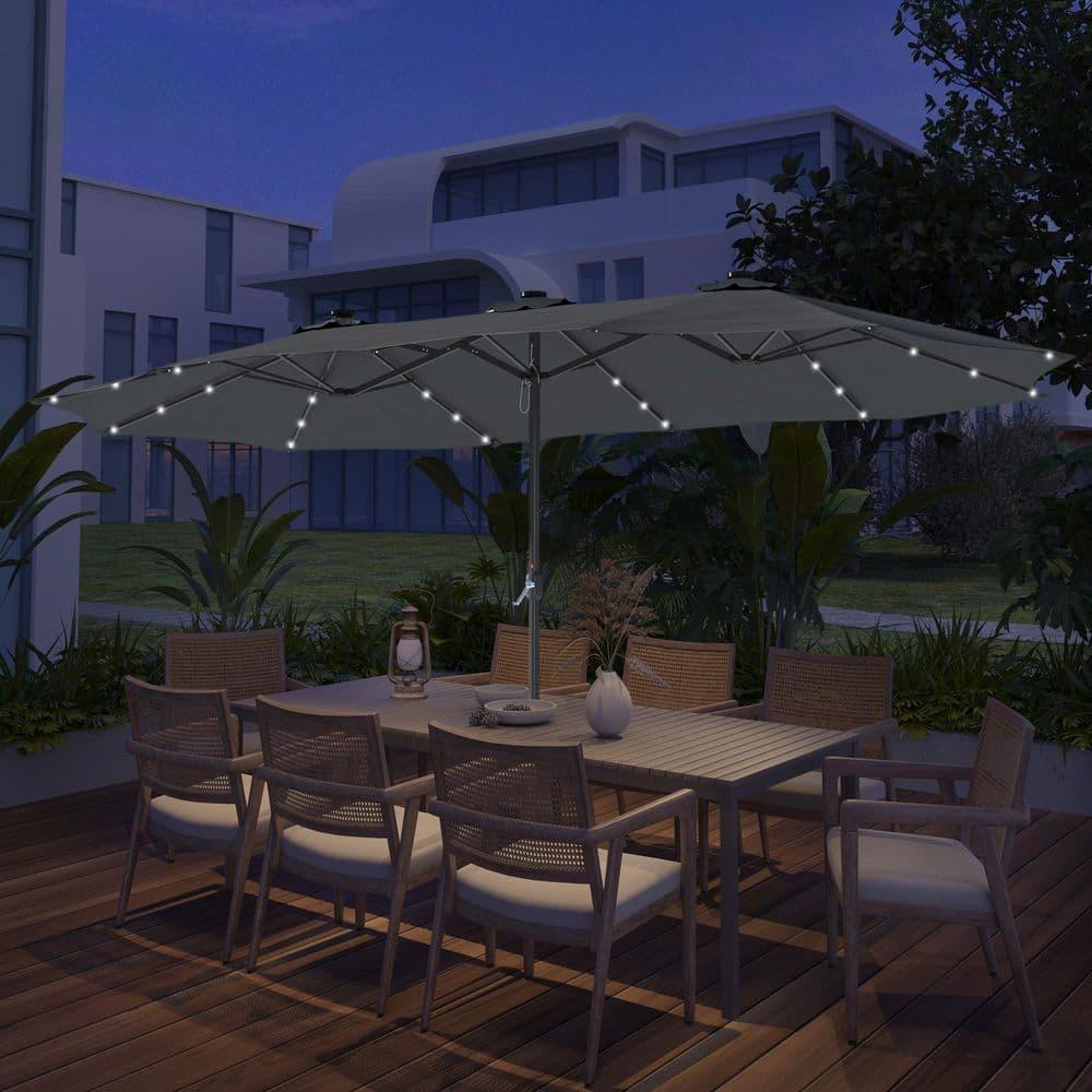 15 ft. Steel Patio Double-Side Market Umbrella with Base and Solar Light with Base in Dark Gray