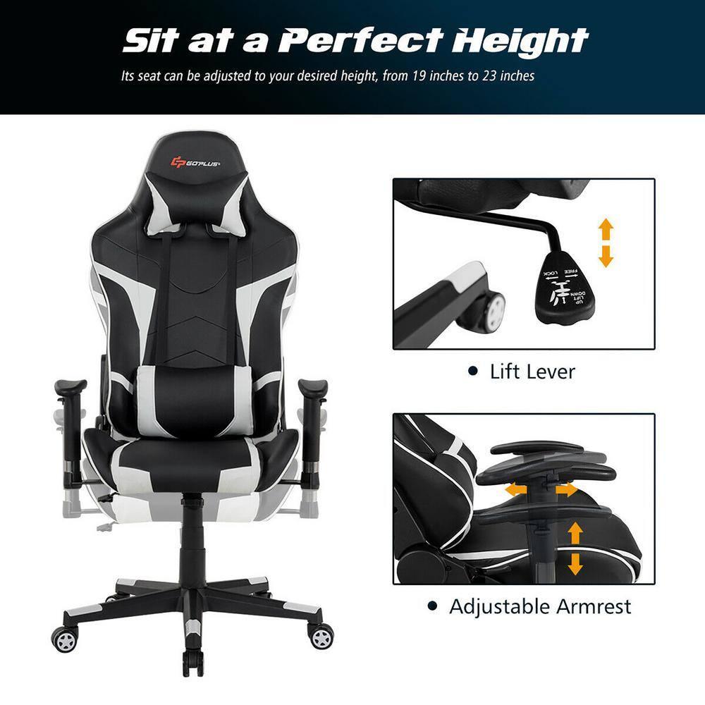 Costway Massage Gaming Chair Racing Computer Swivel Chair with Headrest & Lumbar Support White