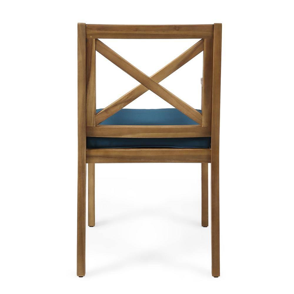 Noble House Perla Wooden Patio Dining Arm Chair in Teak and Blue (Set of 2)