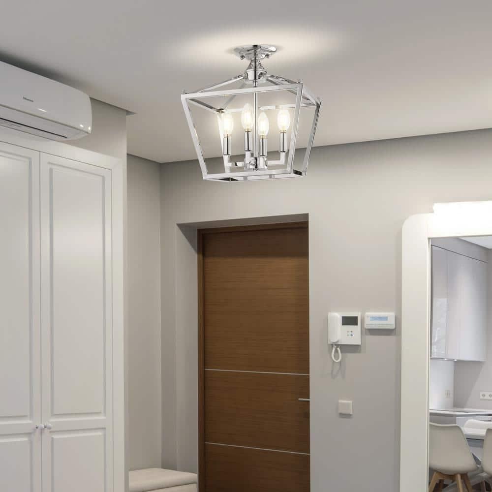 Plains Mini Lantern 12 in. 4-Light Chrome Iron Modern Farmhouse LED Flush Mount