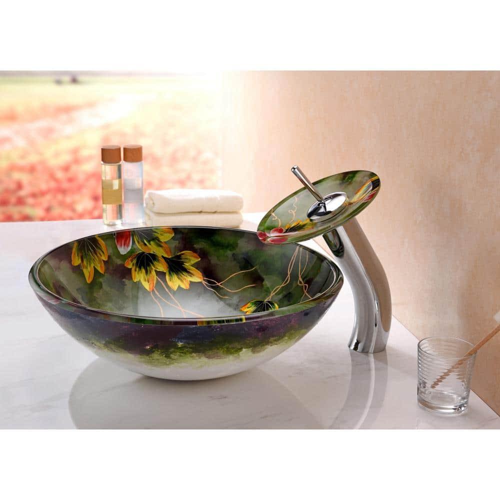 ANZZI Impasto 15.5'' Green Tempered Glass Circular Bathroom Sink with Faucet