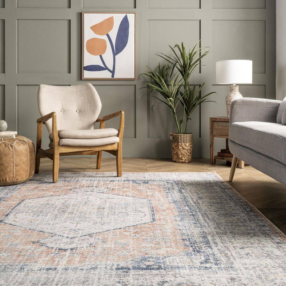 Nuloom 6 Square Machine Washable Rain Haven Vintage Medallion Indoor Area Rug, Peach Non-Slip Backing, Stain Resistant,  BedroomLiving Room, Kitchen