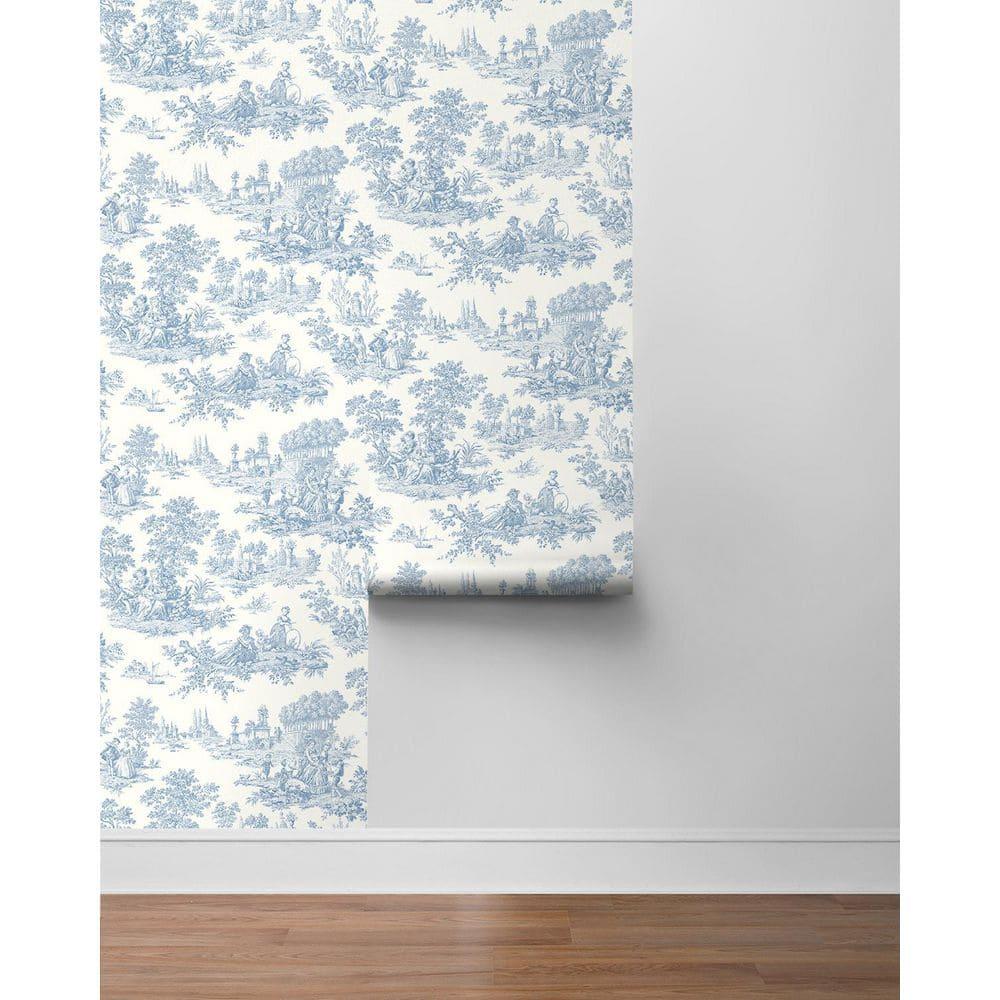 Seabrook Designs Blue Bell Chateau Toile Prepasted Wallpaper