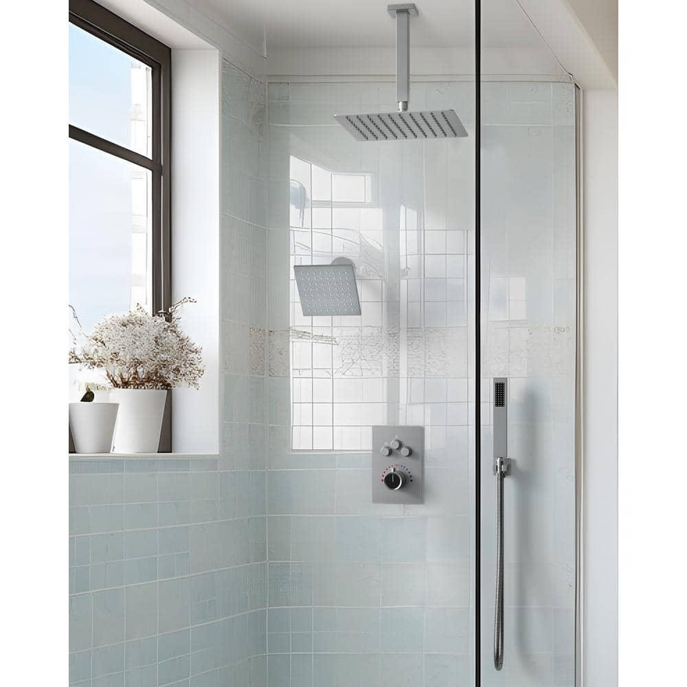 GRANDJOY Dual Wall Mount Rainfall Shower Head System Luxury Adjustable 12 inch & 6 inch Shower Faucet Set with Handheld Shower Spray Thermostatic Pressure Balance Value, Brushed Nickel