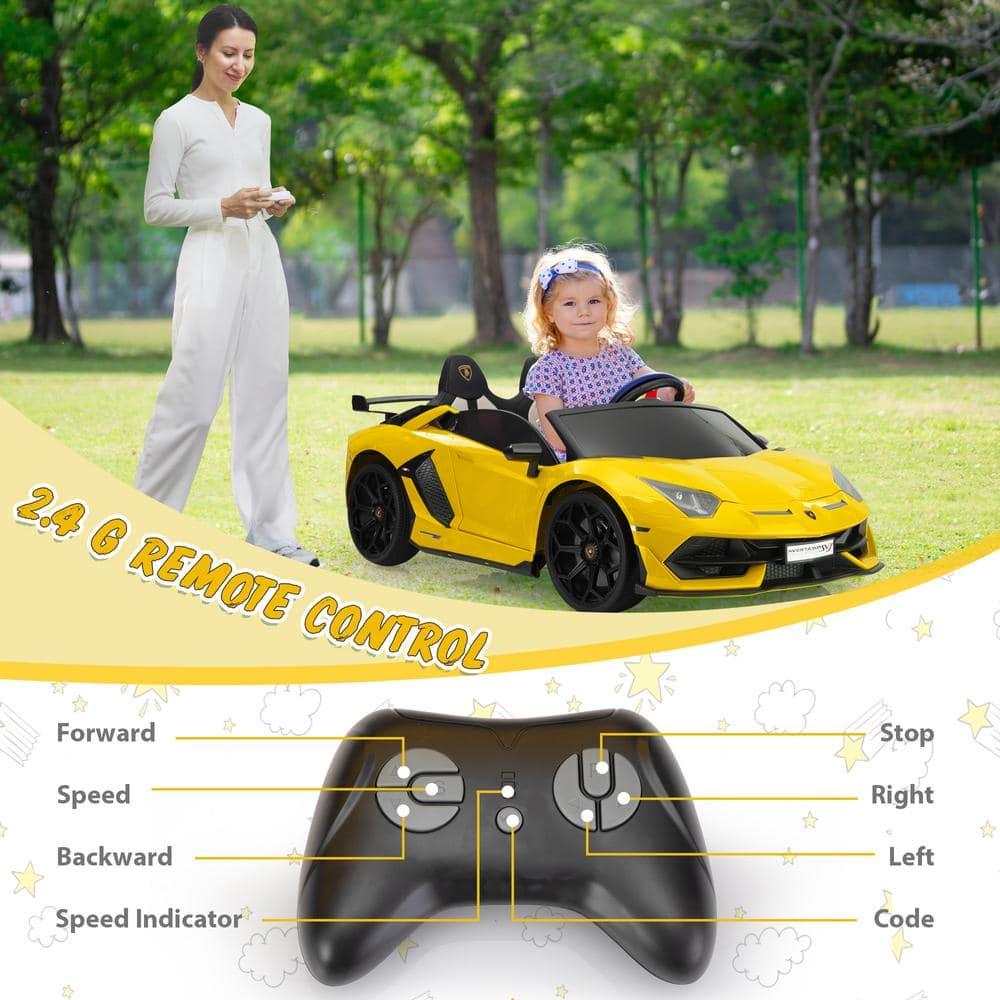Tobbi 24V Lamborghini 2-seater Battery Powered Ride on with High/Low speed switch, Slow start function, Battery level display, MP3, USB, Light Drift Car for Kids 3-8