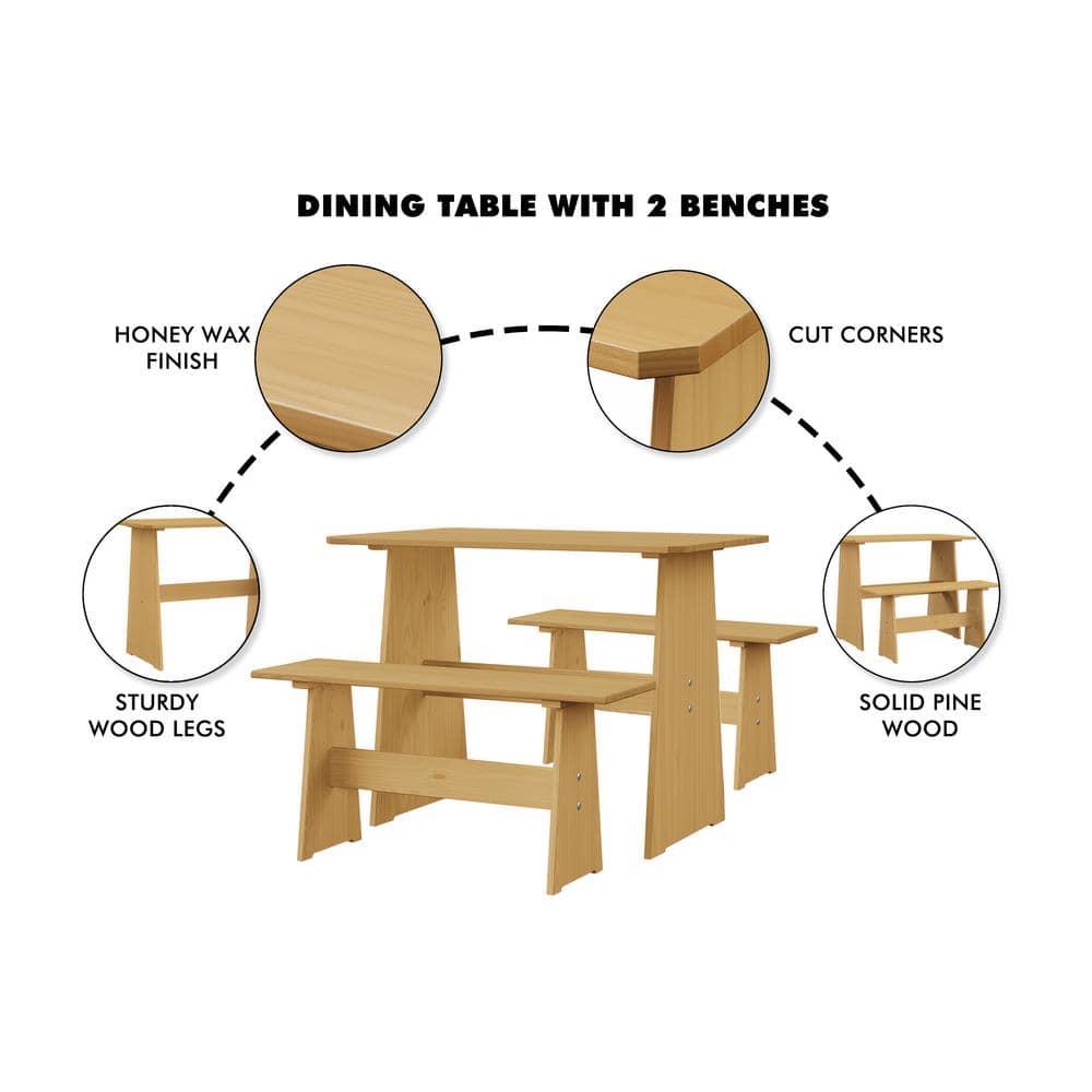 Natural Pine 3-Piece Dining Set with Benches