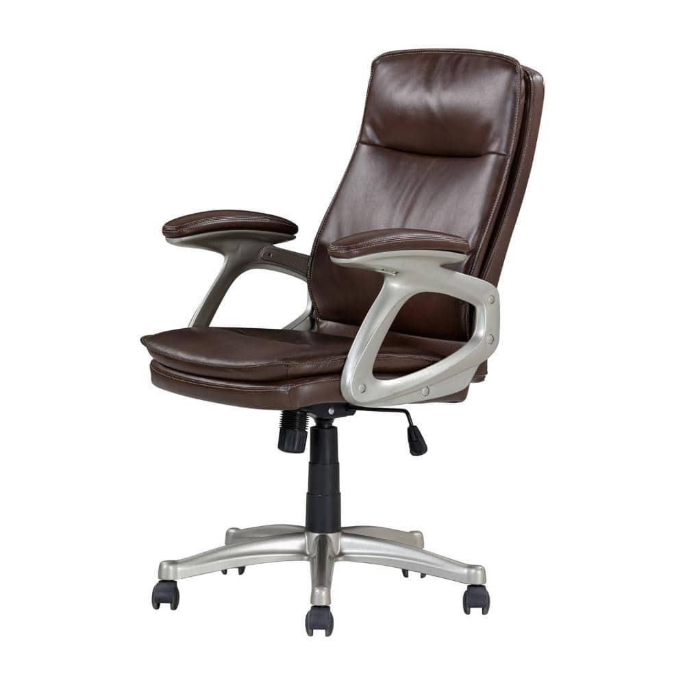 Benjara BM314719 28 in. Office Gaming Chair with 360 deg Swivel, Faux Leather, Brown, Silver & Black