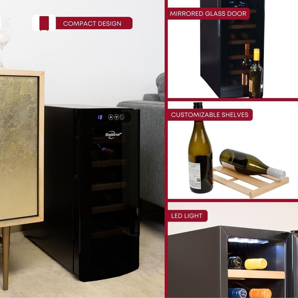 Koolatron Wine Cooler Refrigerator 12 Bottle Deluxe Countertop Compact Wine Cellar, Small Freestanding: Black Glass Door, Thermoelectric, 6 Shelves