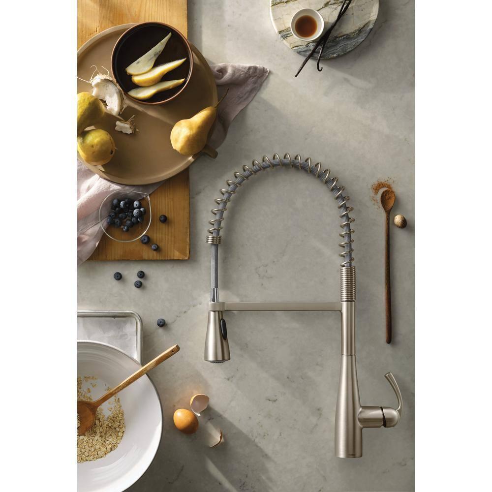 Moen Essie Pre-Rinse Spring Pull Down Single Handle Kitchen Faucet with Power Clean Technology and Soap Dispenser