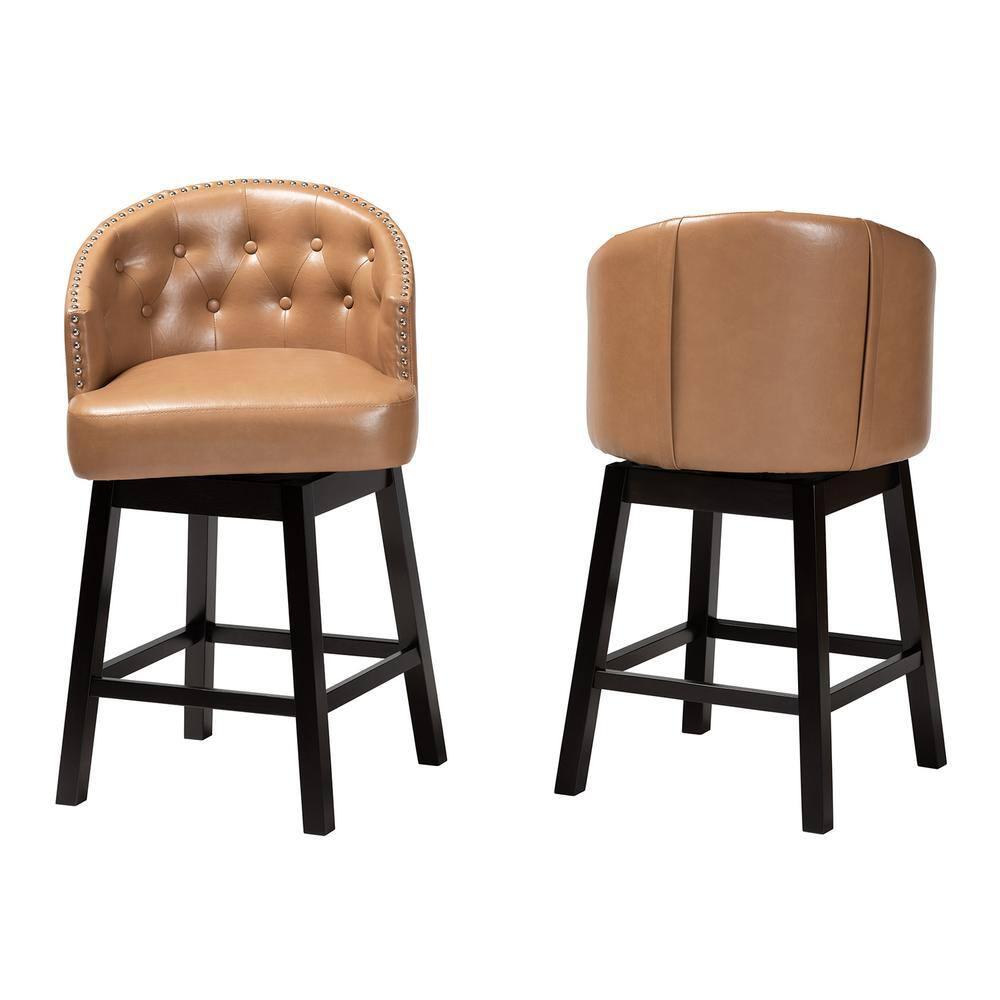 2pc Theron Faux Leather and Wood Swivel  Counter Height Barstool Set Tan/Espresso Brown - Baxton Studio: Mid-Century, Button-Tufted, Nailhead Trim