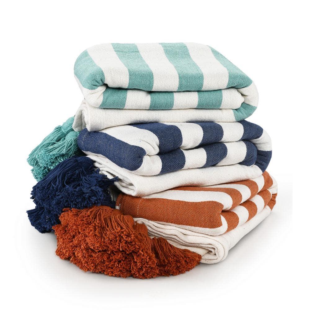 Ox Bay Navy Blue/White Striped Cotton Throw Blanket, 50" x 60"
