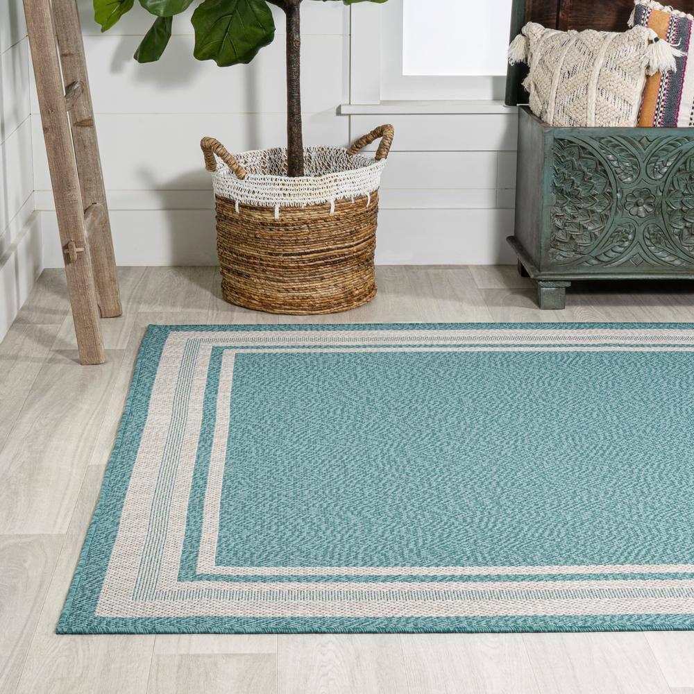 3' x 5' James Modern Border Stripe Indoor/Outdoor Area Rug, Aqua/Beige - JONATHAN Y