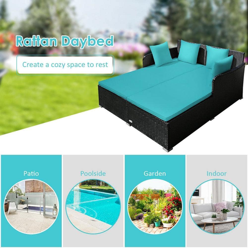 Costway Outdoor Patio Rattan Daybed Pillows Cushioned Sofa Furniture Turquoise