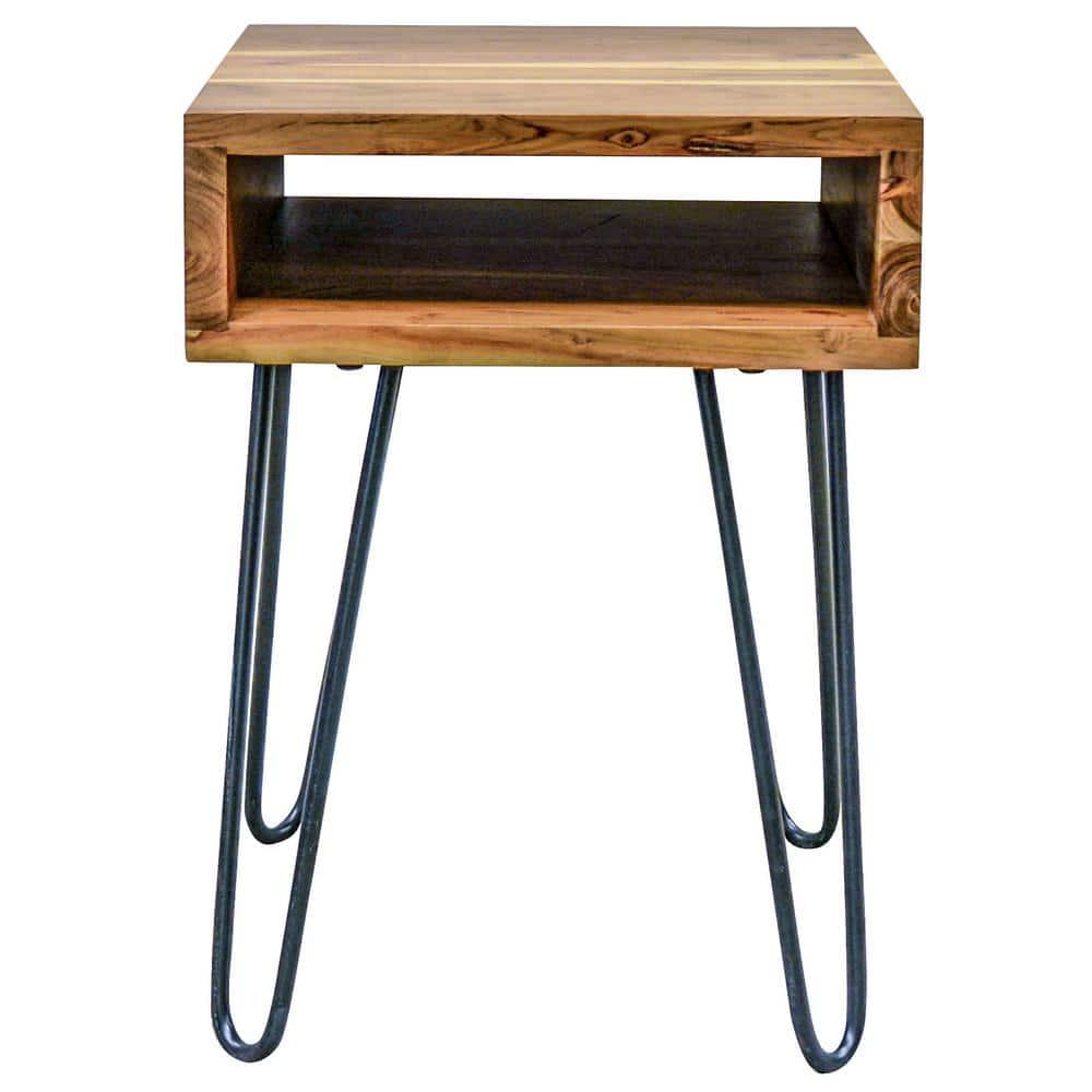 16 in. Brown Acacia Wood End Table with Metal Hairpin Legs