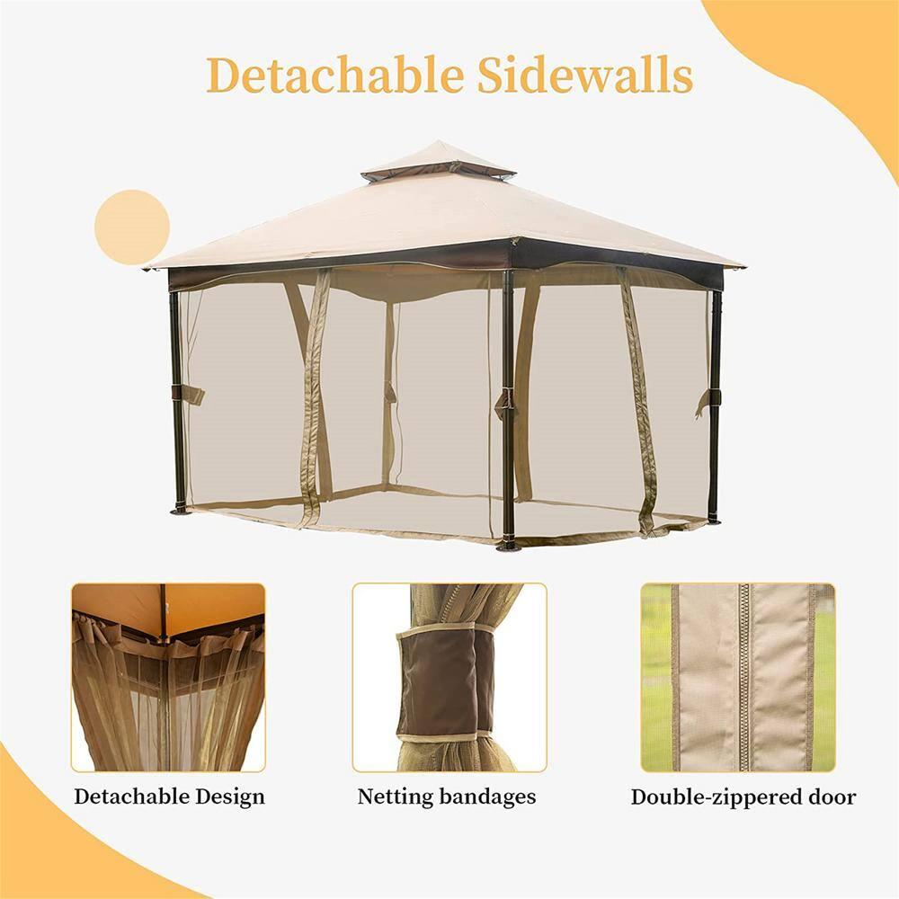 10'x13' Gazebo, Outdoor Gazebo with Netting, Metal Frame Double Roof Soft Top Patio Gazebo Canopy Tent for Deck Backyard Garden Lawns (Khaki)