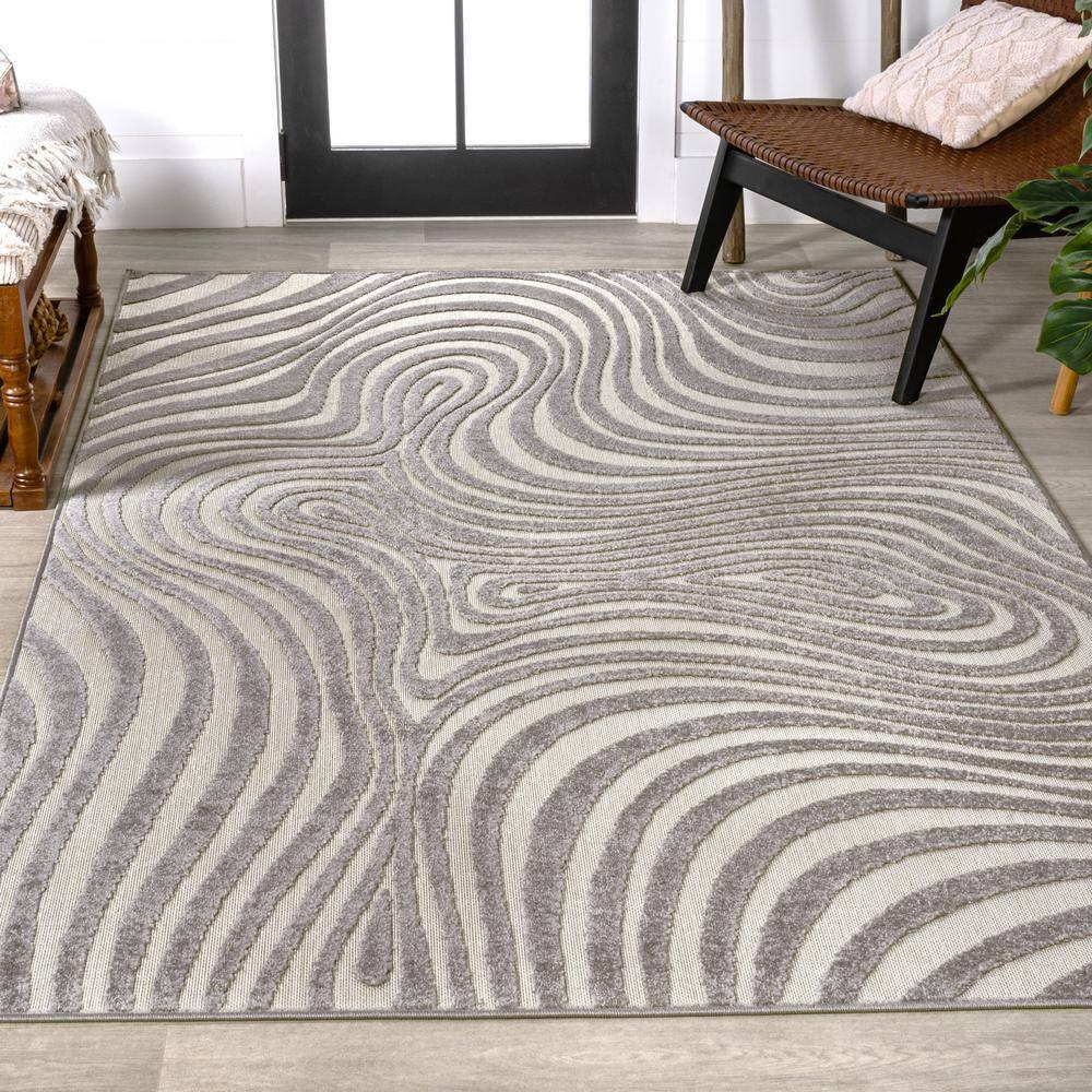JONATHAN Y Maribo High-Low Abstract Groovy Striped Gray/Ivory 5 ft. x 8 ft. Indoor/Outdoor Area Rug