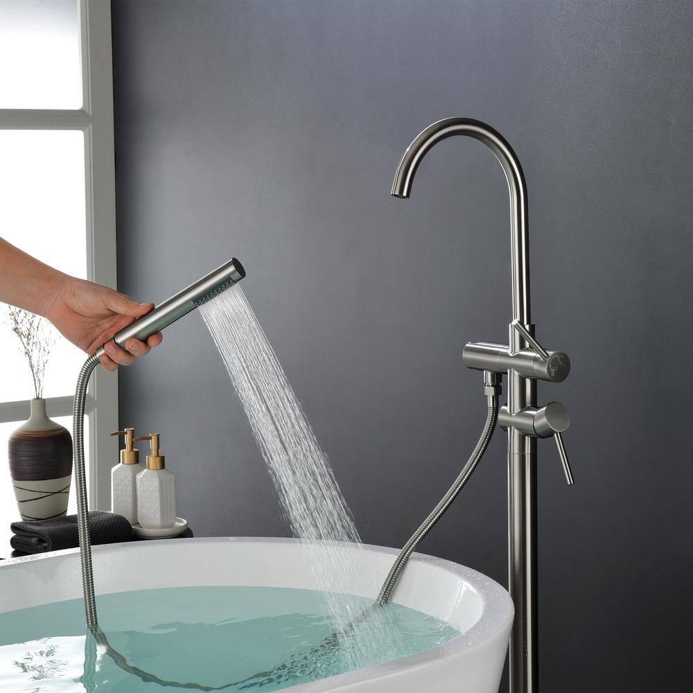 Double Handle Floor Mounted Freestanding Tub Filler With Handshower