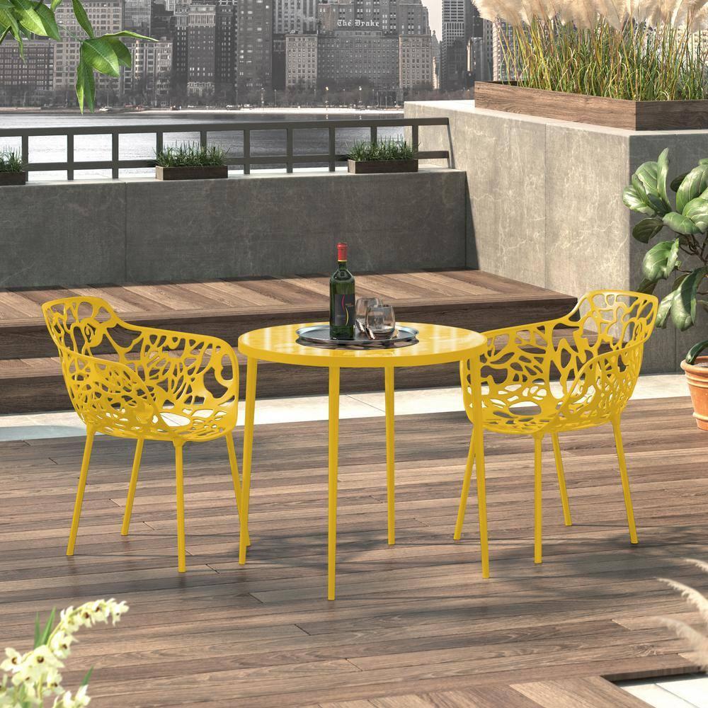 LeisureMod Devon Aluminum Stackable Outdoor Dining Armchair Set of 2, Yellow