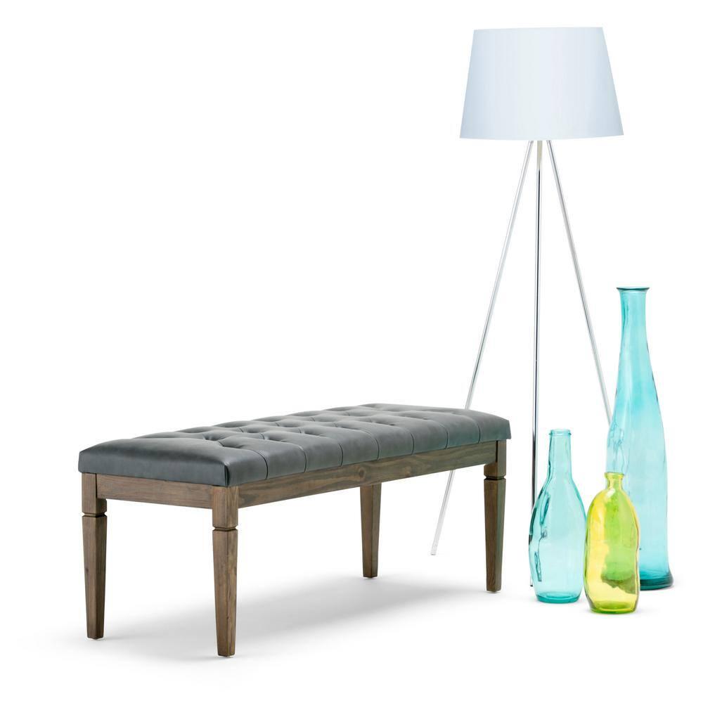 SIMPLIHOME Waverly 48 inch Wide Traditional Rectangle Tufted Ottoman Bench in Slate Grey Vegan Faux Leather, Assembled, For the Living Room and Bedroom
