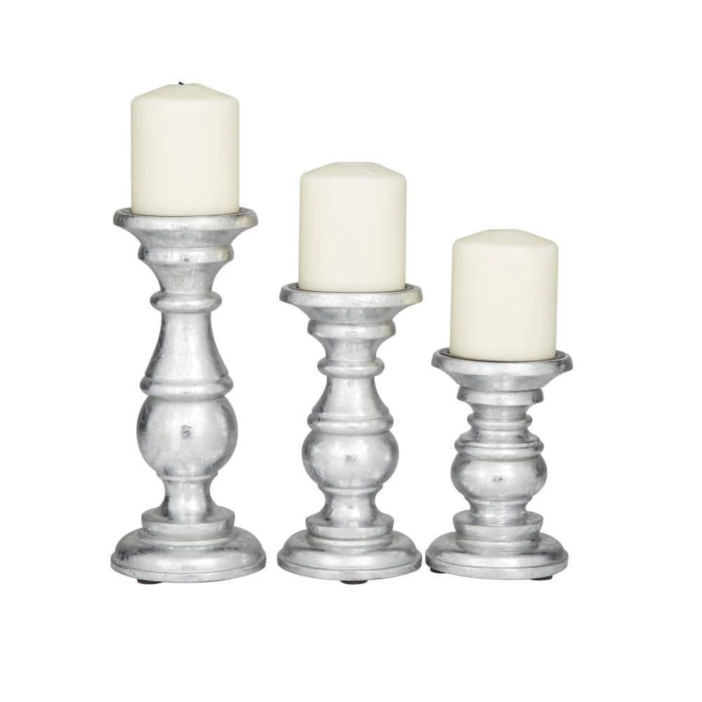 AULIYA Wooden Candle Holders Pillar Candles Holder Rustic Wood Stand Decorative Polish Candlestick Set of 3 for Home Decor - 6" 8" 10" Silver