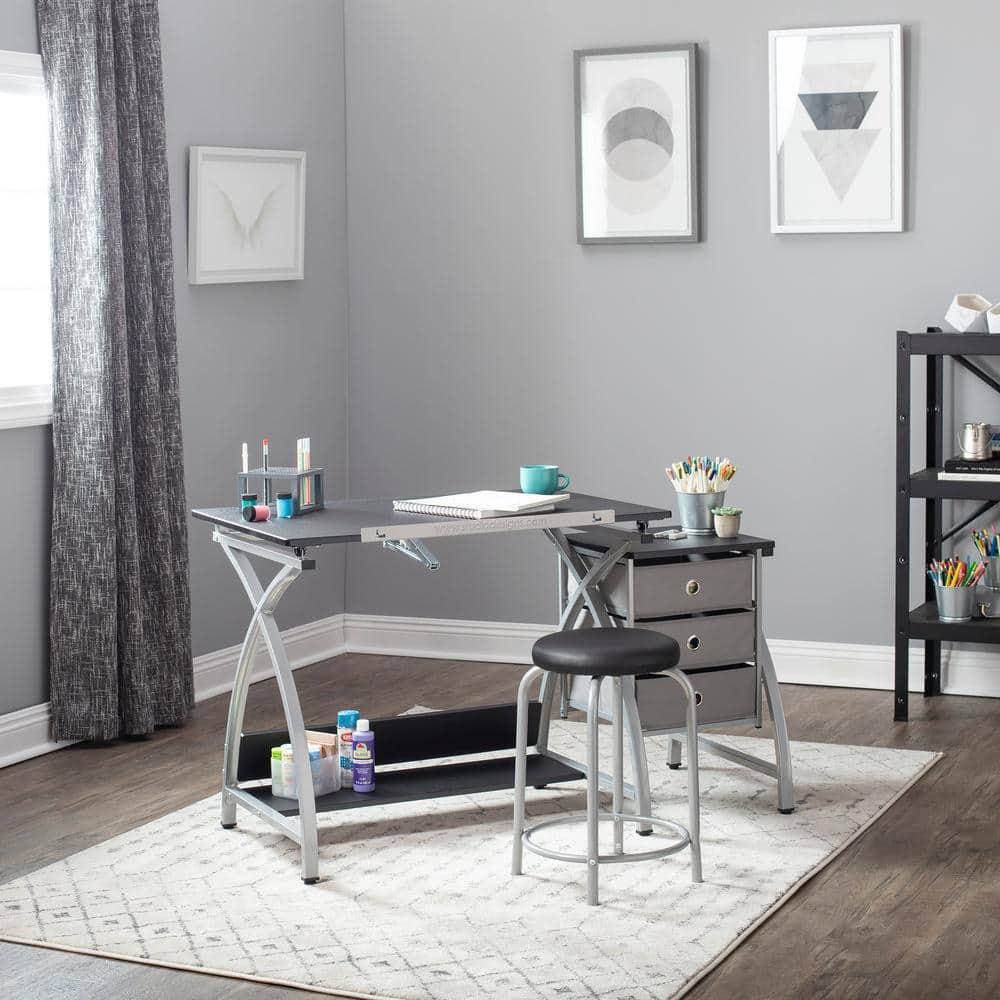 Comet Plus Drawing Table and Stool Set Silver/Gray - studio designs: Adjustable Top, Storage Drawers, Padded Seat