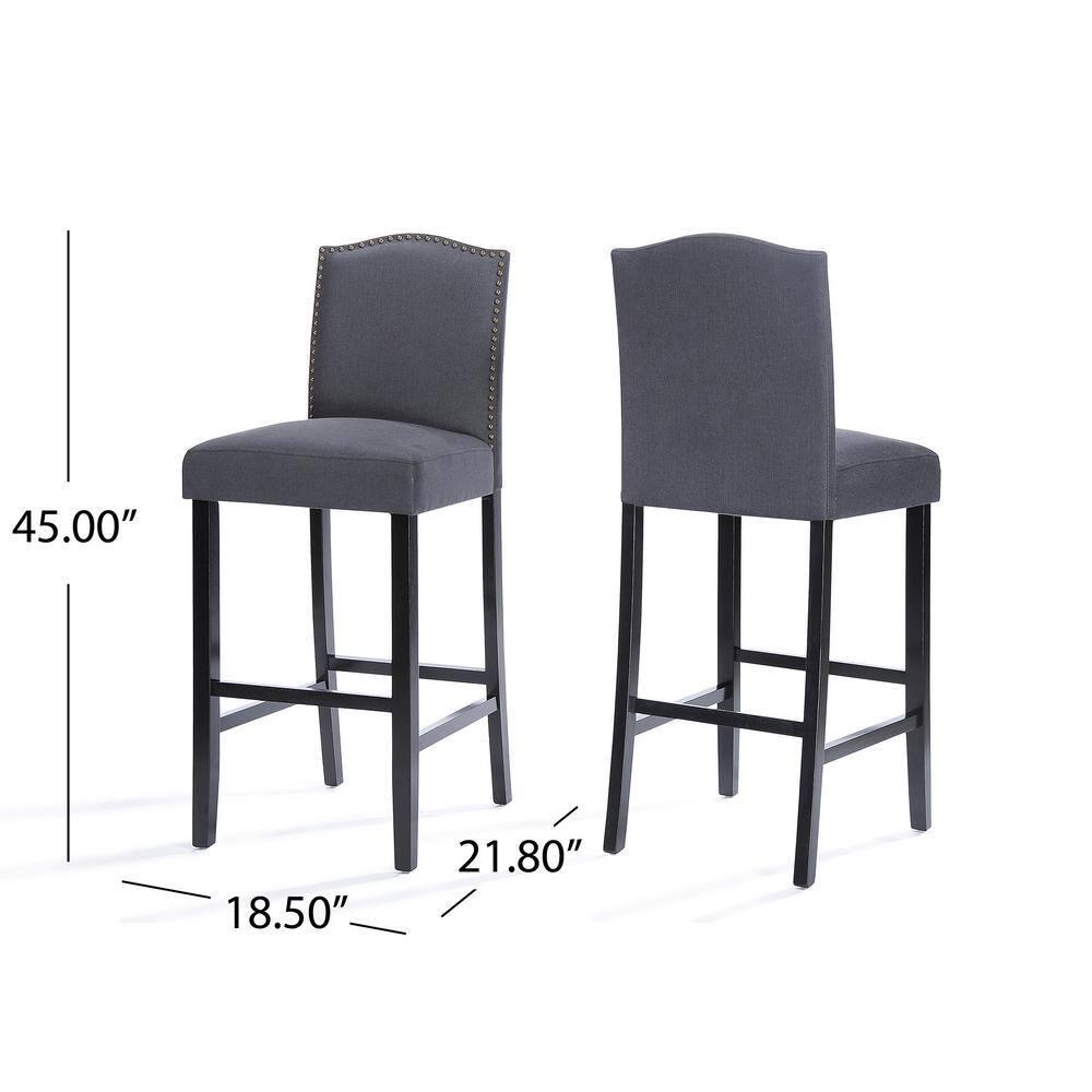 Noble House Merritt Fabric Upholstered Barstool with Nailhead Trim, Set of 2, Dark Charcoal and Walnut