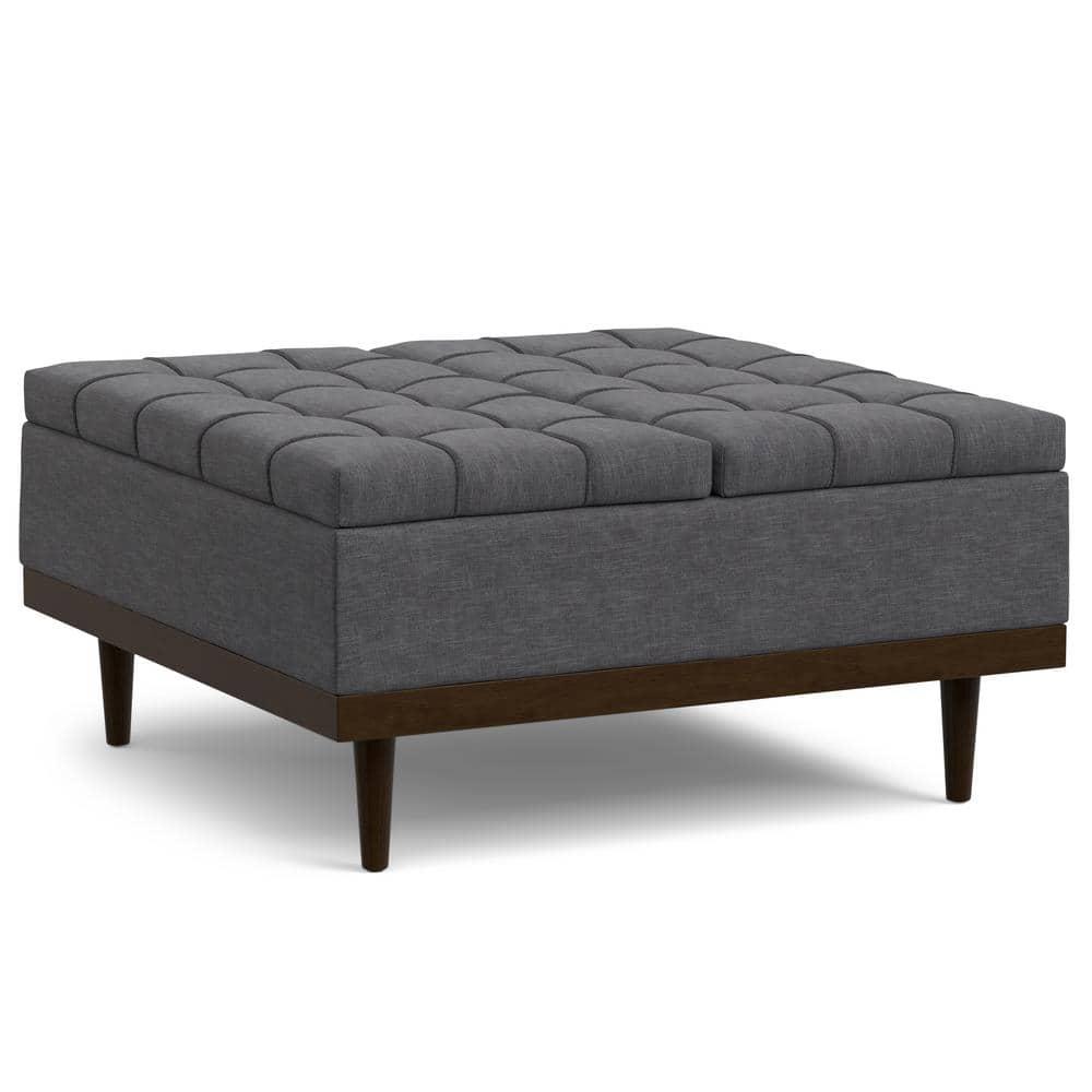 Slate Grey Tufted Lift-Top Cocktail Ottoman with Walnut Base