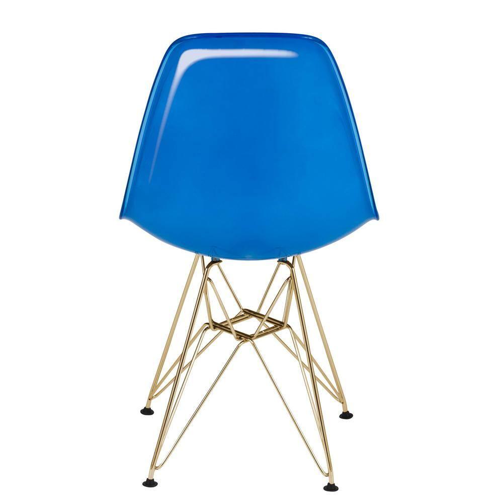 LeisureMod 5-Piece Dining Set with 35" Round Dining Table in White Iron Pedestal Base and 4 ABS Plastic Side Chair with Gold Base, White Blue