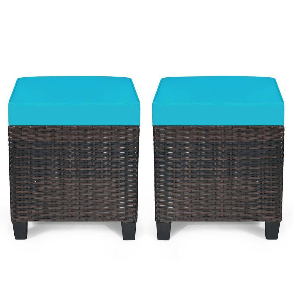 Costway 2PCS Patio Rattan Ottoman Cushioned Seat w/ Foot Rest Turquoise