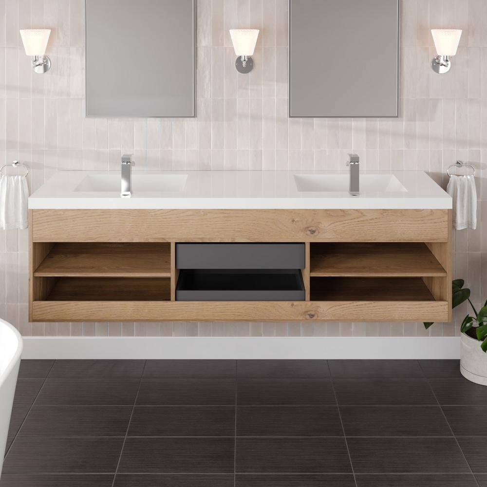 Wade Logan® Wauconda 72"W X 20"D Wall Mount Double Sink Bathroom Vanity With White Acrylic Countertop And Integrated Sinks