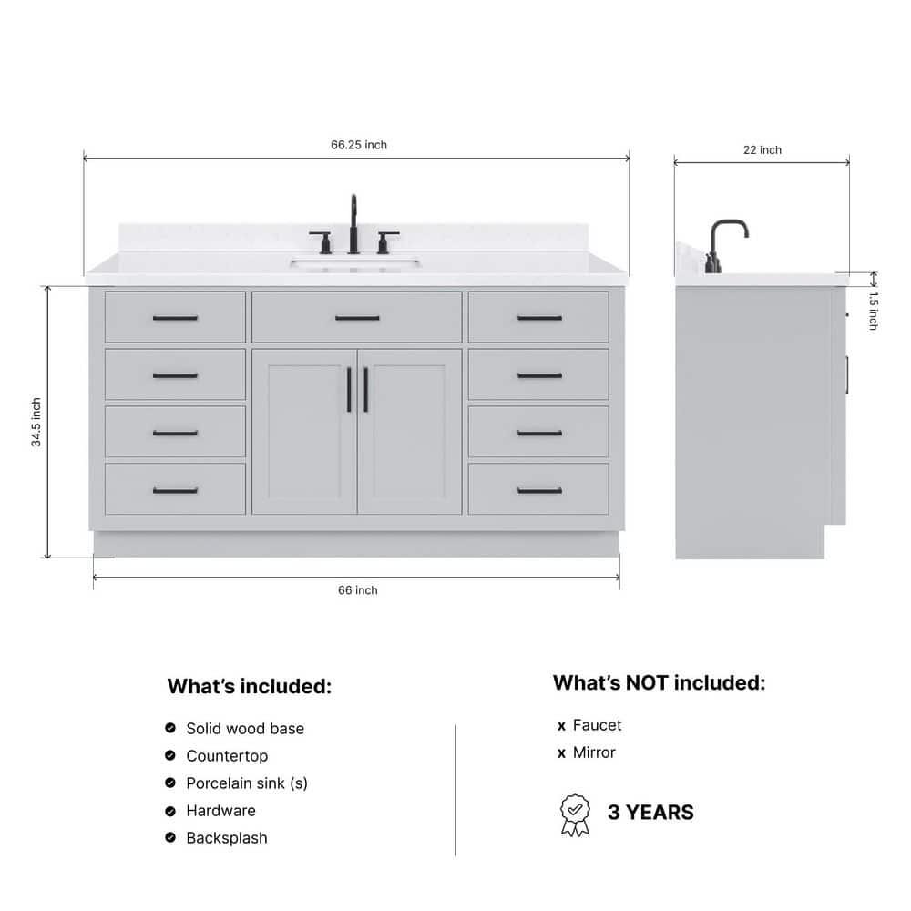Ariel T066scqrvo Hepburn 66" Free Standing Single Basin Vanity Set - Grey