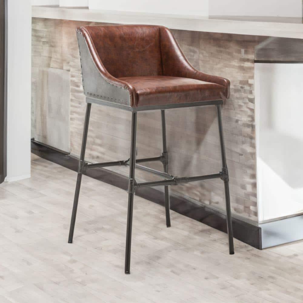 Leatherette Bar Stool with Riveted Metal Backing - Brown & Black