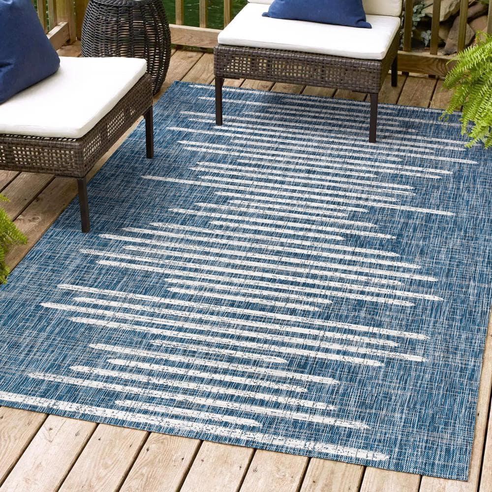5'x8' Zolak Berber Stripe Geometric Indoor/Outdoor Area Rug, Blue/Ivory - JONATHAN Y