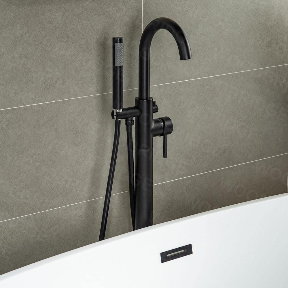 WOODBRIDGE 67" Acrylic Freestanding Bathtub Contemporary Soaking White Tub with Matte Black Overflow and Drain,B0010-MB-Drain &O
