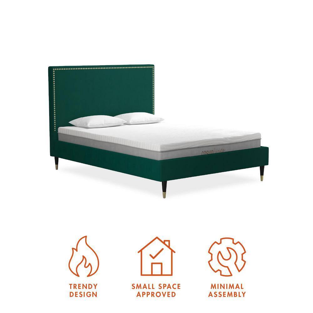 CosmoLiving by Cosmopolitan Queen Audrey Velvet Upholstered Bed Emerald Green: Luxury Glam Style, No Box Spring Needed