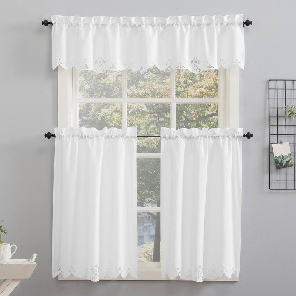 14"x58" Mariela Floral Trim Semi-Sheer Rod Pocket Kitchen Window Valance and Tiers Set White - No. 918: Light Filtering Kitchen Curtains Set