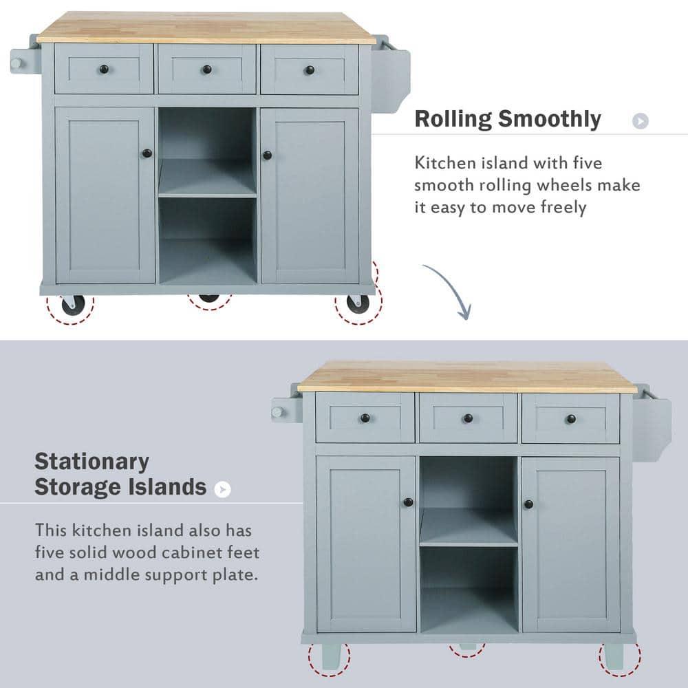 53.1" Kitchen Island Cart with Large Tabletop and Locking Wheels, Kitchen Trolley Cart with 4 Doors Cabinet & 2 Storage Drawers, Spice Rack & Towel Rack, Rolling Kitchen Island Cart, Grey Blue