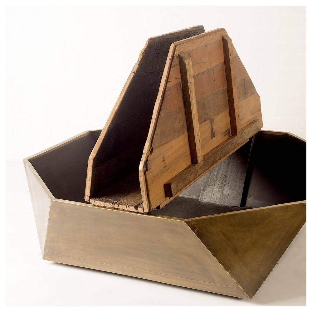 Esagono Rustic Hexagonal Wood & Brass Lift-Top Coffee Table with Storage